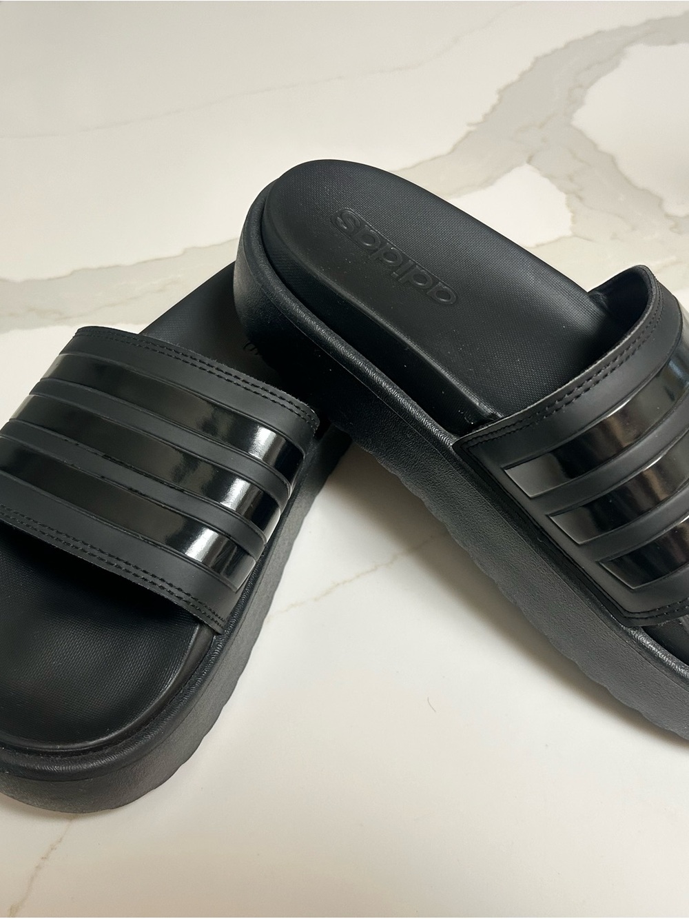 adidas Black Platform Slide Sandals with Gloss Stripes
